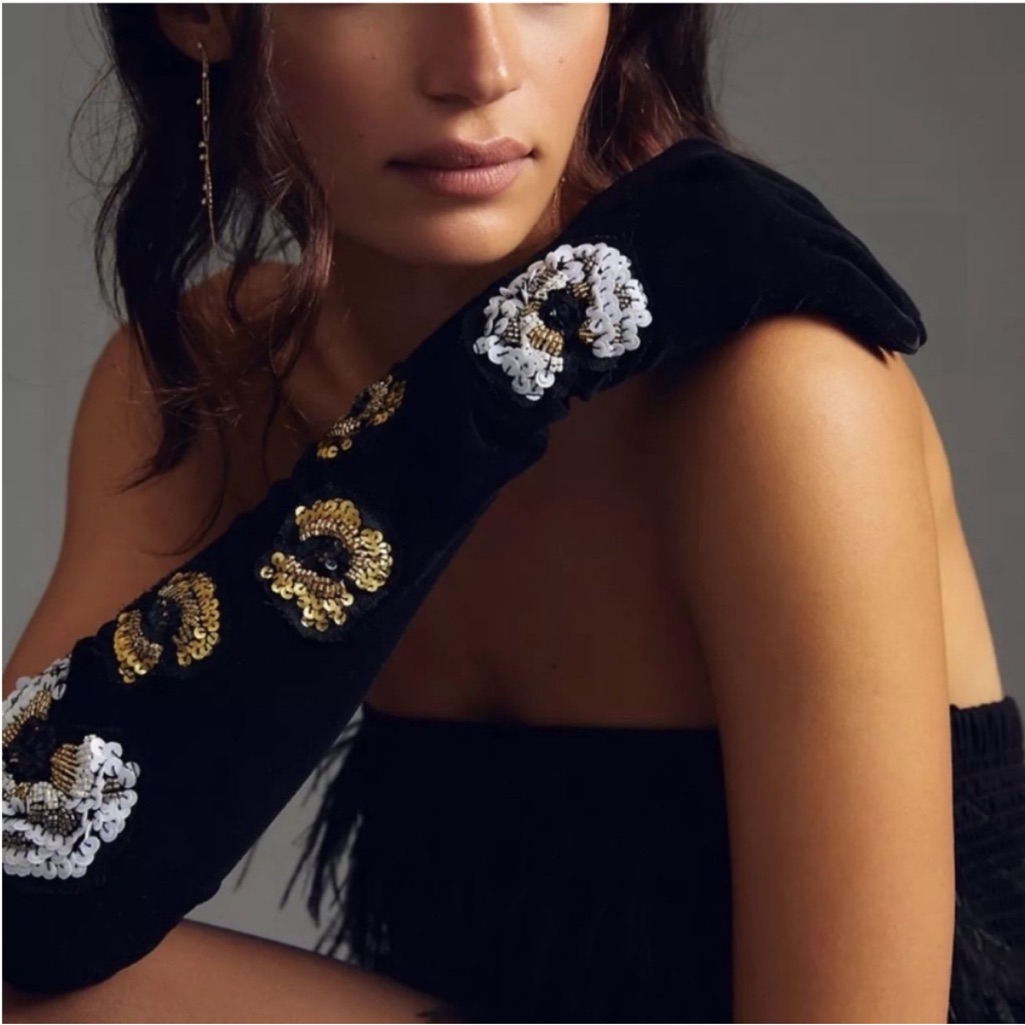 Anthropologie Black Gloves With Gold And White Sequins